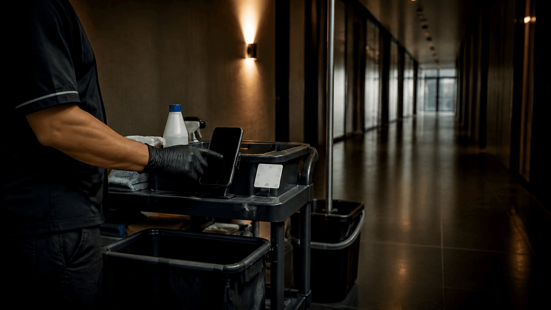 Un gsm et un badge posés sur un chariot de nettoyage, dans un couloir professionnel.